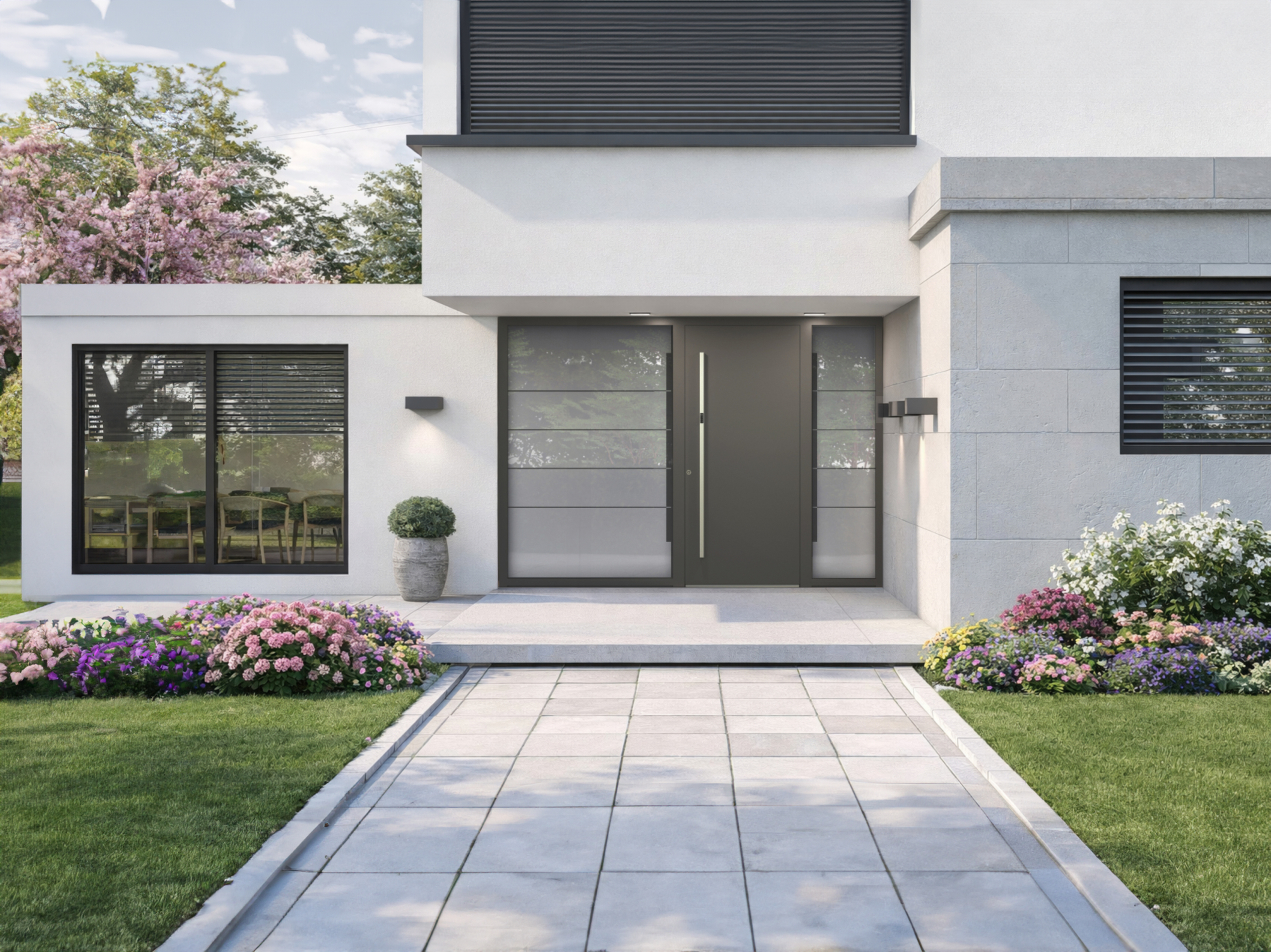 Modernes Wohnhaus mit Terrassenüberdachung